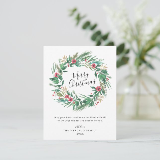 Watercolor Pine and Berry Wreath Christmas Card (Standing Front)