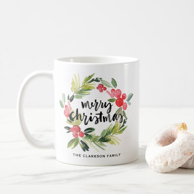 Watercolor Pine and Holly Wreath Christmas Photo Coffee Mug (With Donut)