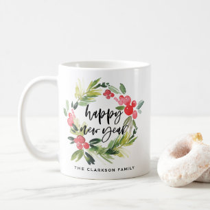Watercolor Pine and Holly Wreath Custom New Year Coffee Mug