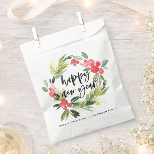 Watercolor Pine and Holly Wreath Happy New Year Favour Bags