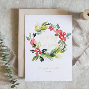 Watercolor Pine and Holly Wreath Happy New Year Foil Holiday Card
