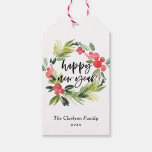 Watercolor Pine and Holly Wreath Happy New Year Gift Tags