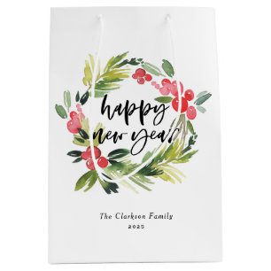 Watercolor Pine and Holly Wreath Happy New Year Medium Gift Bag