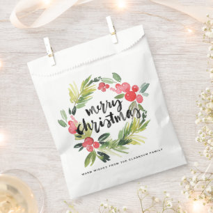 Watercolor Pine and Holly Wreath Merry Christmas Favour Bags