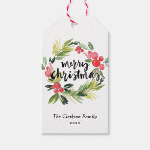 Watercolor Pine and Holly Wreath Merry Christmas Gift Tags