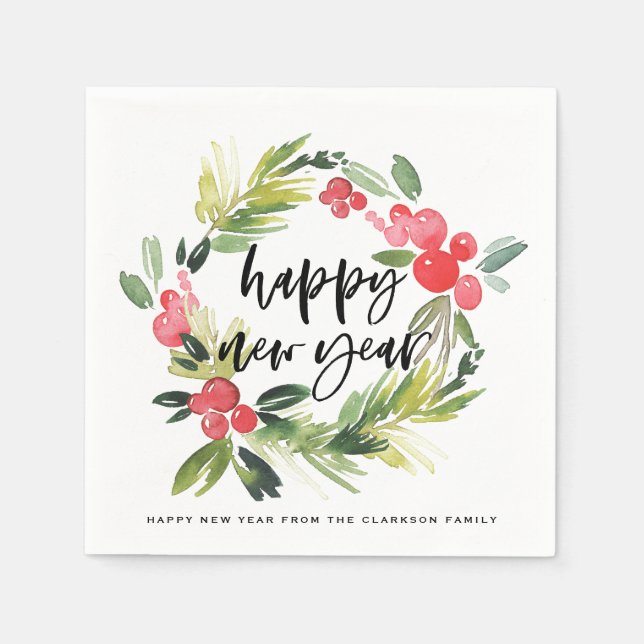 Watercolor Pine and Holly Wreath New Year Party Napkin (Front)