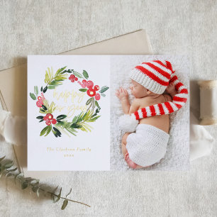 Watercolor Pine and Holly Wreath New Year Photo Foil Holiday Card