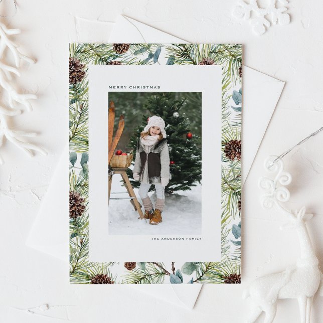 Watercolor Pine and Pine Cones Photo Christmas Holiday Card (Creator Uploaded)