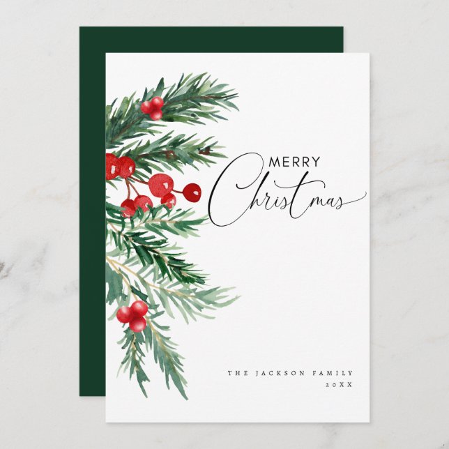 Watercolor pine & berries Christmas Holiday Card (Front/Back)
