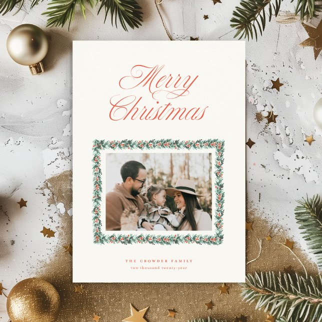 Watercolor Pine Border Christmas Photo Card (Classic holiday card featuring watercolor pine boughs and berries)