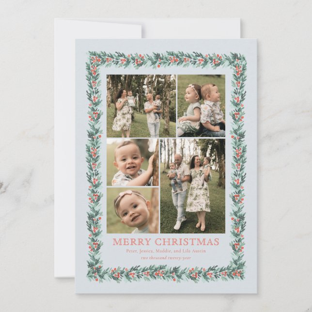 Watercolor Pine Border Multi Photo Christmas Card (Front)