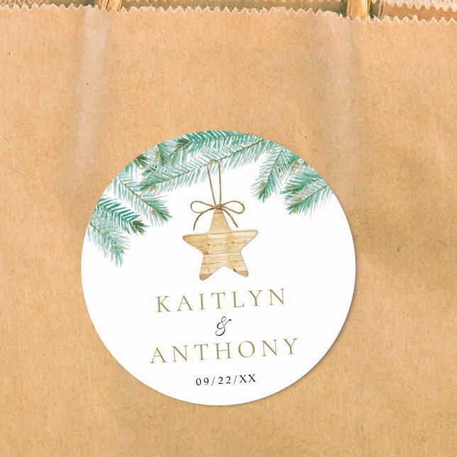 Watercolor Pine Boughs Christmas Winter Wedding Classic Round Sticker (Creator Uploaded)