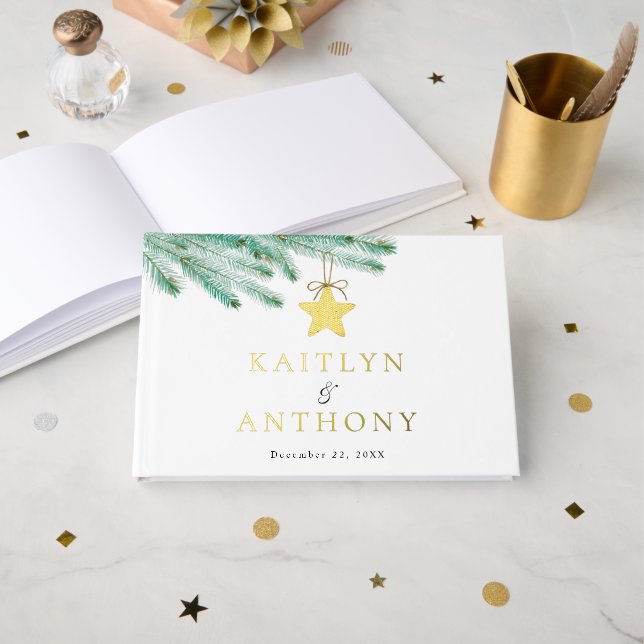 Watercolor Pine Boughs Christmas Winter Wedding Guest Book (Front Open)