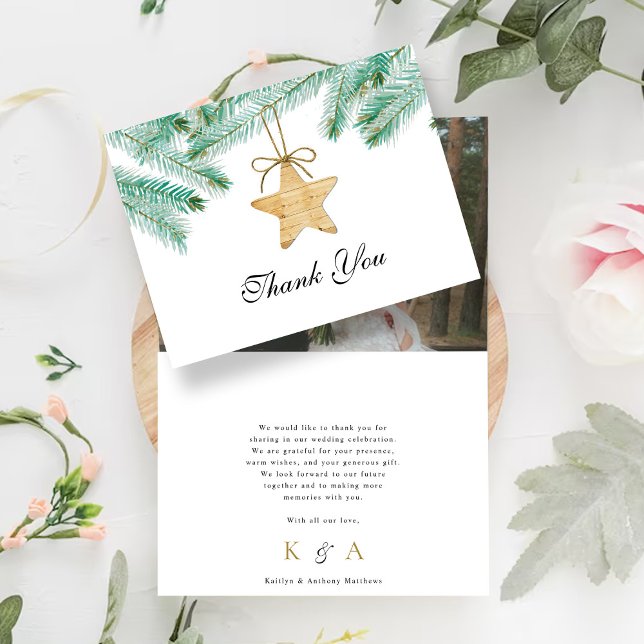 Watercolor Pine Boughs Winter Wedding Photo Thank You Card (Creator Uploaded)