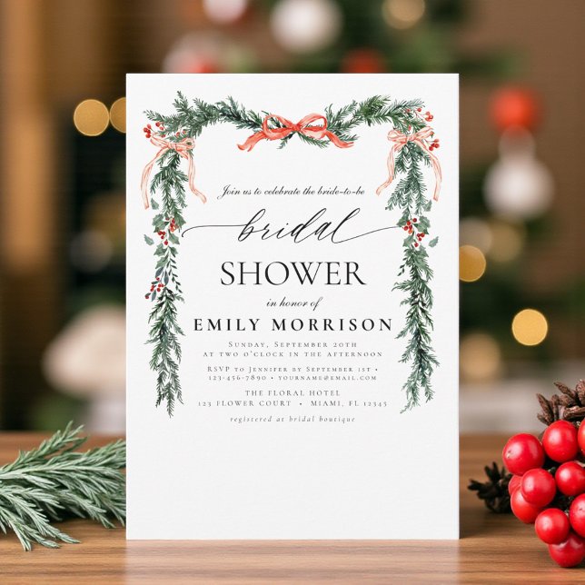Watercolor Pine Bow Christmas Bridal Shower Invitation (Creator Uploaded)