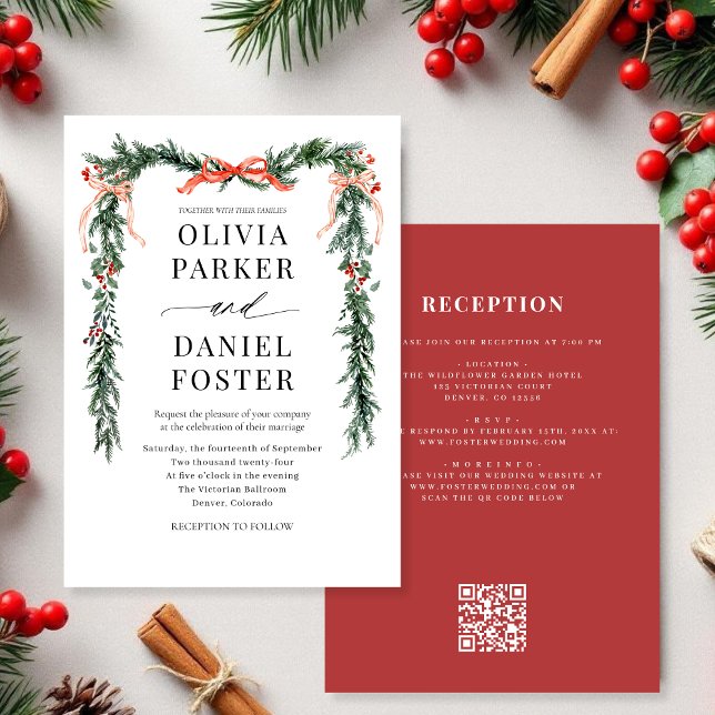 Watercolor Pine Bow Christmas QR Code Wedding Invitation (Creator Uploaded)