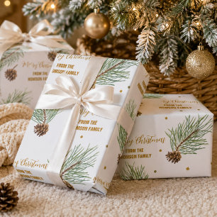 Watercolor Pine Branch Christmas Script Wrapping Paper