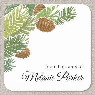 Watercolor Pine Branch Cones Bookplate Sticker