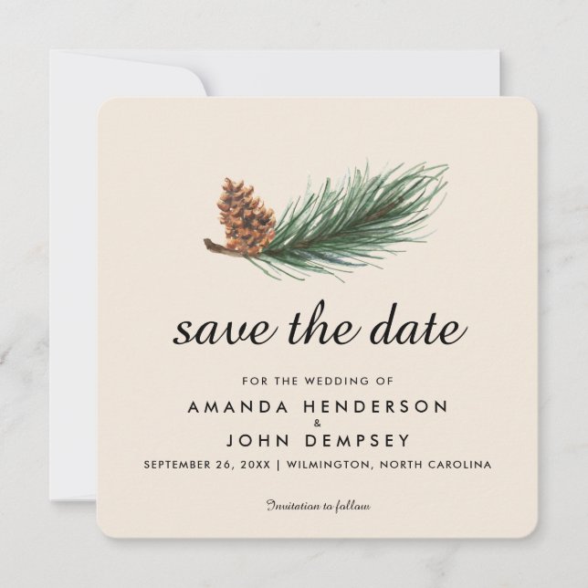 Watercolor Pine Branch Winter Cream Save the Date (Front)