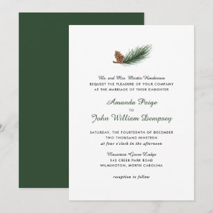 Watercolor Pine Branch Winter Pinecone Wedding Invitation