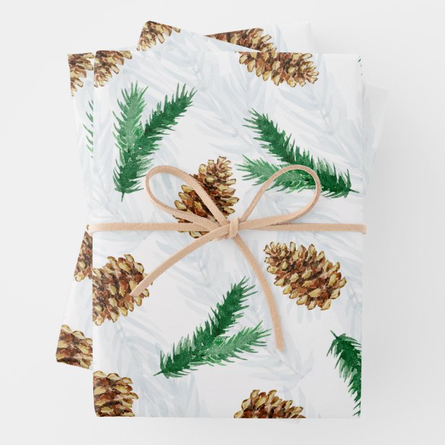 Watercolor Pine Branches and Pinecones Christmas  Wrapping Paper Sheet (In situ)