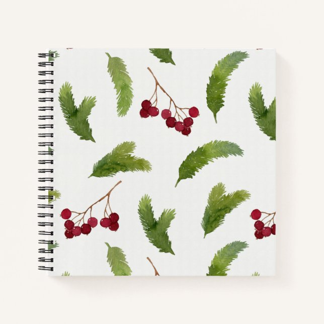 Watercolor Pine Branches and Red Berries Pattern Notebook (Front)