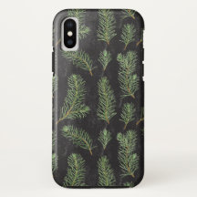 Watercolor pine branches on black background.