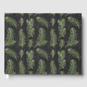 Watercolor pine branches on black background. guest book