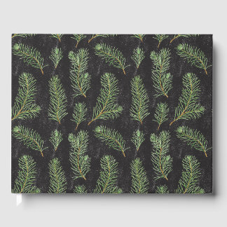 Watercolor pine branches on black background. guest book