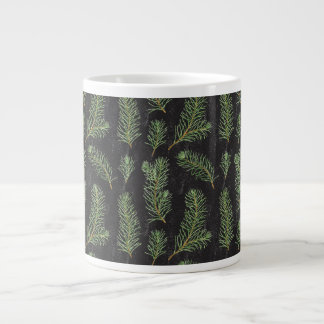 Watercolor pine branches on black background. large coffee mug
