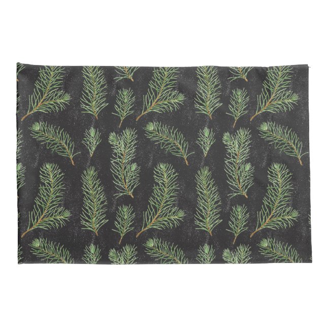 Watercolor pine branches on black background. pillowcase (Back-Right)