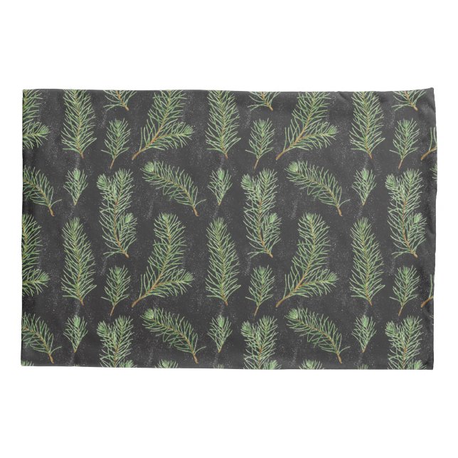 Watercolor pine branches on black background. pillowcase (Back)