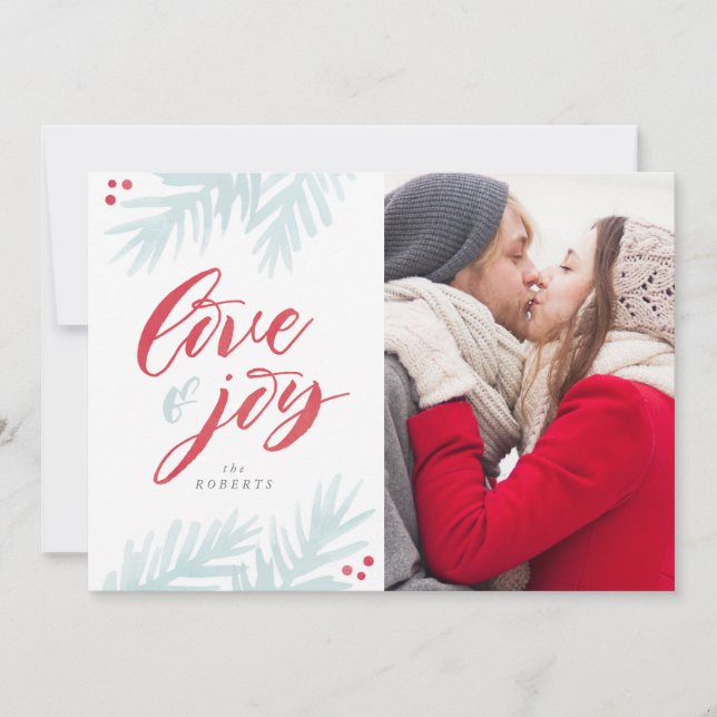 Watercolor Pine Brush Love and Joy Holiday Card (Front)