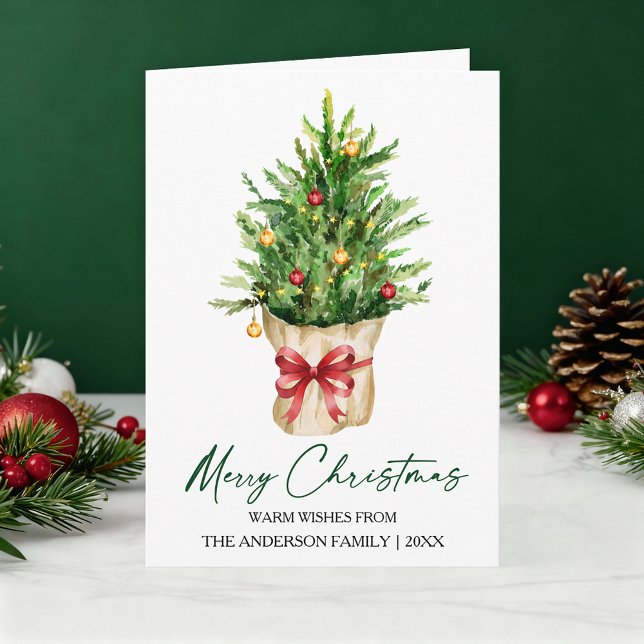 Watercolor Pine Calligraphy Ink Christmas Red Bow  Holiday Card (Customize your change your personalized text size or text style.)