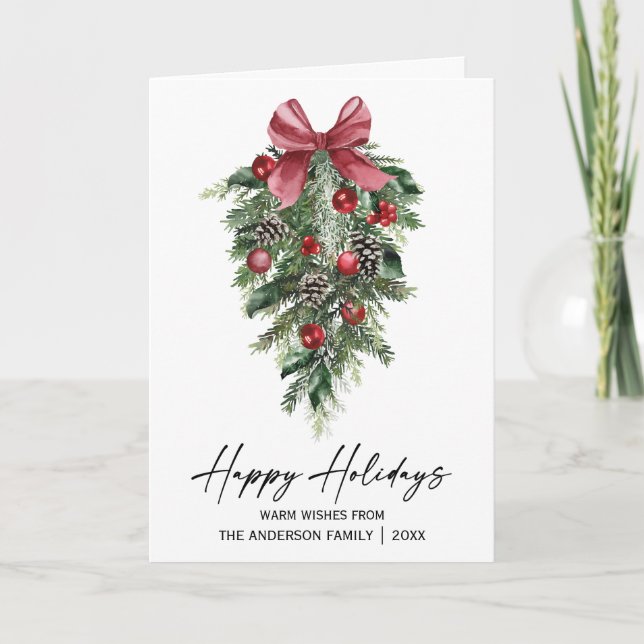 Watercolor Pine Calligraphy Ink Fold Holiday Card (Front)