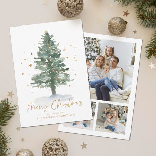 Watercolor Pine Christmas Tree 3 Photo Holiday Card
