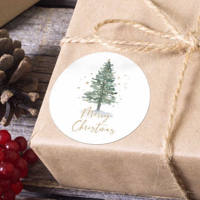 Watercolor Pine Christmas Tree Gold Classic Round Sticker (Creator Uploaded)