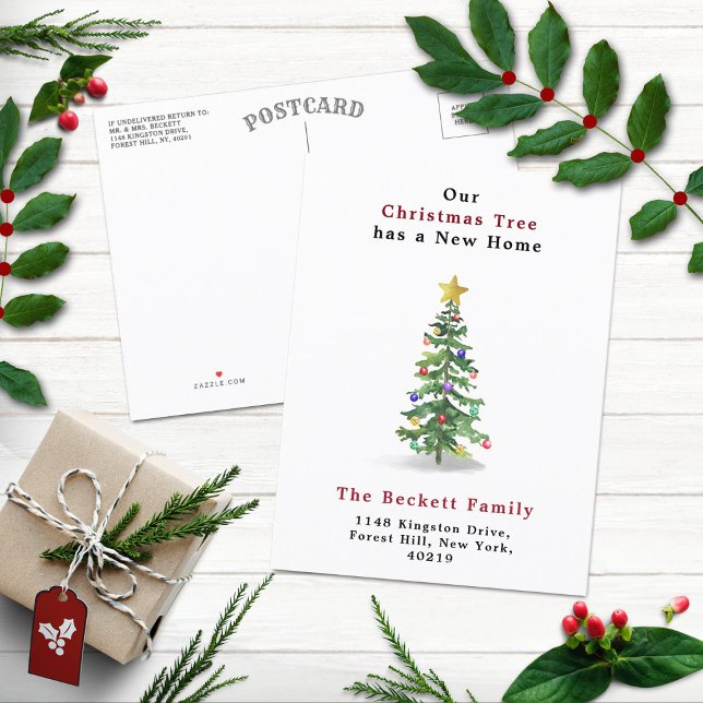 Watercolor Pine Christmas Tree New Home Holiday Announcement Postcard (Creator Uploaded)