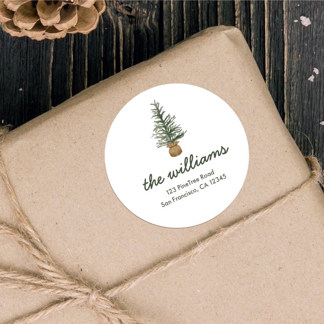 Watercolor Pine Christmas Tree Script Holiday Classic Round Sticker (Creator Uploaded)