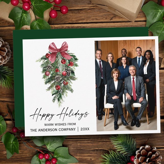 Watercolor Pine Company Photo Holiday Card (Customize to change your personalized text size, style or change color of back of card.)