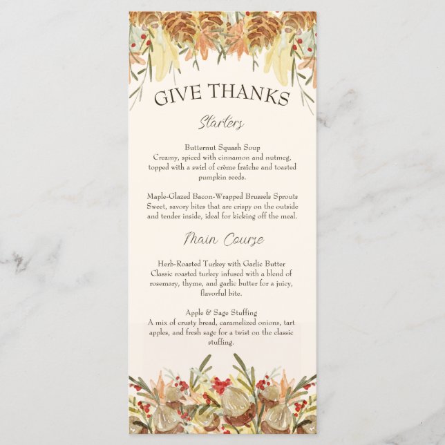 Watercolor Pine Cone and Floral Thanksgiving Menu (Front)
