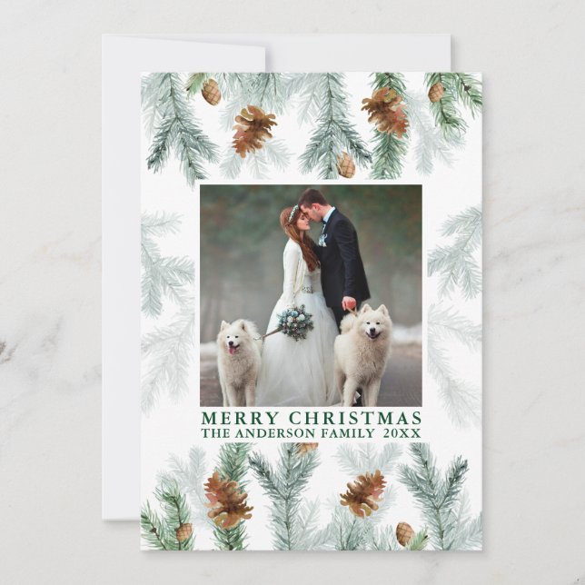 Watercolor Pine Cone Greenery Christmas Green Holiday Card (Front)