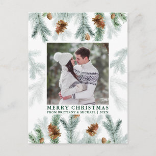Watercolor Pine Cone Greenery Couple Photo Green Postcard