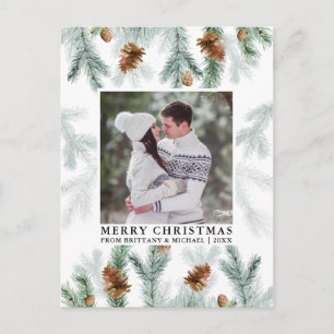 Watercolor Pine Cone Greenery Couple Photo Postcard