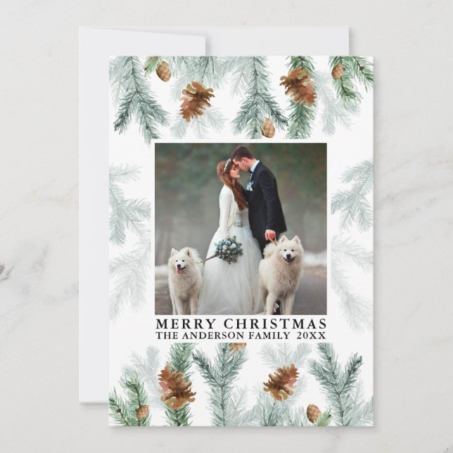 Watercolor Pine Cone Greenery Photo Christmas Holiday Card (Front)
