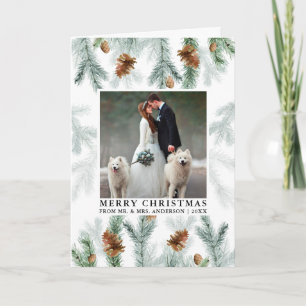 Watercolor Pine Cone Greenery Wedding Photo Fold Holiday Card