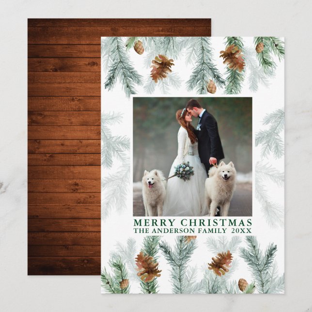 Watercolor Pine Cone Greenery Wood Christmas Holiday Card (Front/Back)