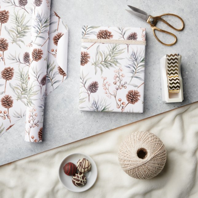 Watercolor Pine cones and branches with berries  Wrapping Paper (Crafts)