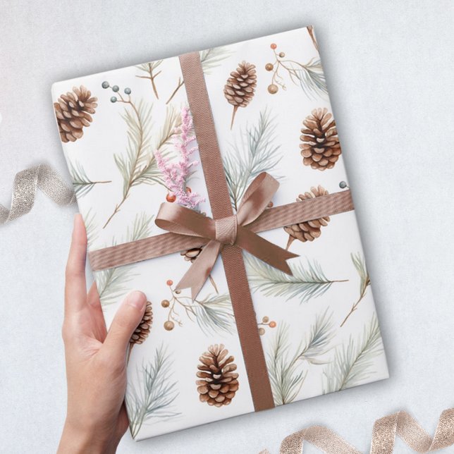 Watercolor Pine cones and branches with berries  Wrapping Paper (pine cone gift wrapping paper for christmas)