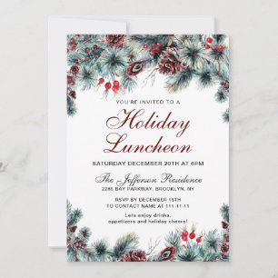 Watercolor Pine Cones Branch Holiday Luncheon Invitation
